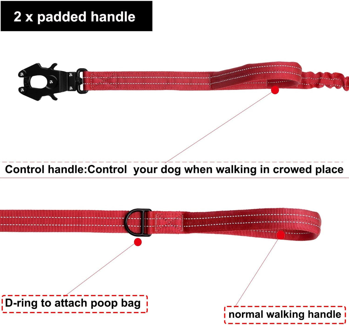 ICEFANG Tactical Dog Leash,K9 Training Walking Bungee Lead with 2 Control Handle,Heavy Duty Quick Release Metal Clasp,for Medium Large Breed (Reflective Red, 6 FT)