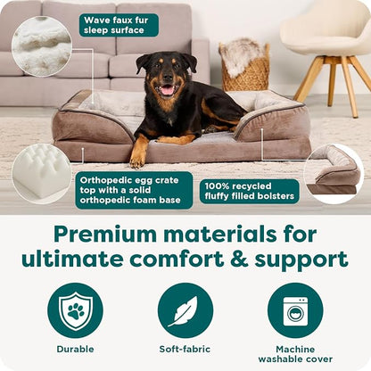 Furhaven Orthopedic Dog Bed for Large/Medium Dogs w/ Removable Bolsters & Washable Cover, For Dogs Up to 55 lbs - Plush & Velvet Waves Perfect Comfort Sofa - Brownstone, Large