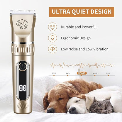 Dog Grooming Clippers, Low Noise, 2-Speed Quiet Dog Grooming Kit Rechargeable Cordless Pet Hair Clipper Trimmer Shaver for Small and Large Dogs Cats Animals