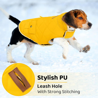 Queenmore Dog Winter Coat Warm Puffer Jacket Waterproof Plush Lining Thermal Cold Weather Vest for Small Medium Large Dogs, Windproof Easy On Pet Jacket Yellow S