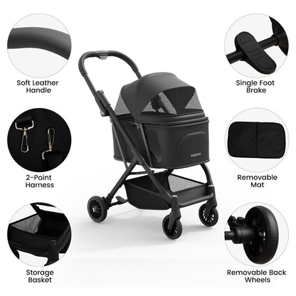 Lightweight Dog Stroller for Small Dogs & Cats Portable Compact Folded Pet Stroller Up to 35lbs Medium Pets One Click Folding Large Cat Carriage with Convertible Canopy Storage Basket-Black