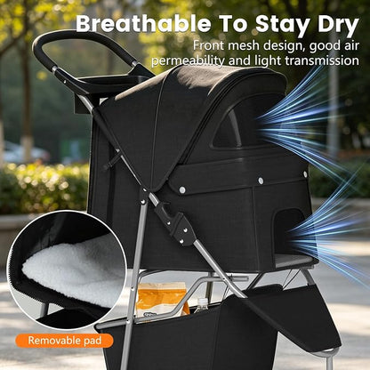 BestPet | 3-Wheel Pet Stroller | Dog and Cat Stroller | Breathable Mesh | Lightweight Travel Carrier | Waterproof & Foldable Design | Storage Basket | Black | for Daily Walks & Outdoor Use | Breathable Mesh | Lightweight, Waterproof Travel Carrier with...