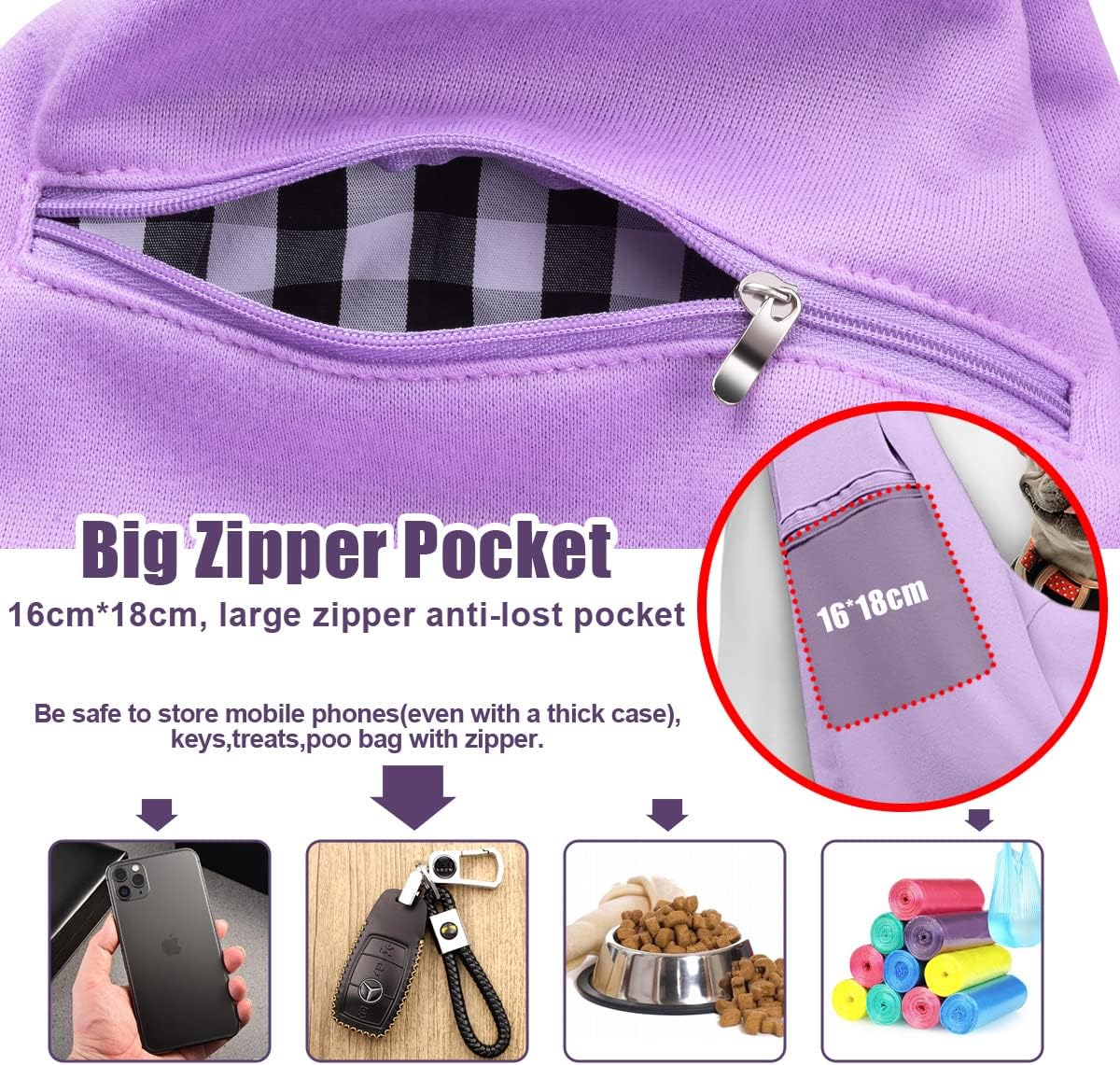 Tomkas Small Dog Sling Carrier - Zipper Pocket & Adjustable Strap - for 3-10 lbs Pets(Light Purple)