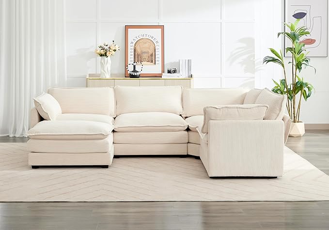 ROWHY 113'' Modular Sectional Cloud Couch, 5 Seater Corner Sofa Big Comfy Corduroy Oversized L Shaped Couch with 2 Pillows, Chaise, Ottoman, Deep Seat Sectional Couches for Living Room Office, Beige