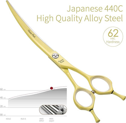 Fenice Peak Curved Dog Grooming Scissors with Yellow Color Coating 440C Stainless Steel Pet Grooming Bending Shears Sharp and Durable Comfortable Engonomic Handle