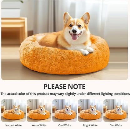 JOLLYVOGUE Calming Dog Bed Medium Size Dog, Anti-Anxiety Donut Medium Pet Bed, 27 inches Fluffy Faux Fur Round Cat Bed (Orange)