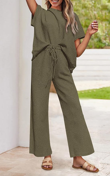 PRETTYGARDEN 2 Piece Outfits For Women Casual Tracksuit Short Sleeve Tops And Wide Leg Long Pants Matching Lounge Sets