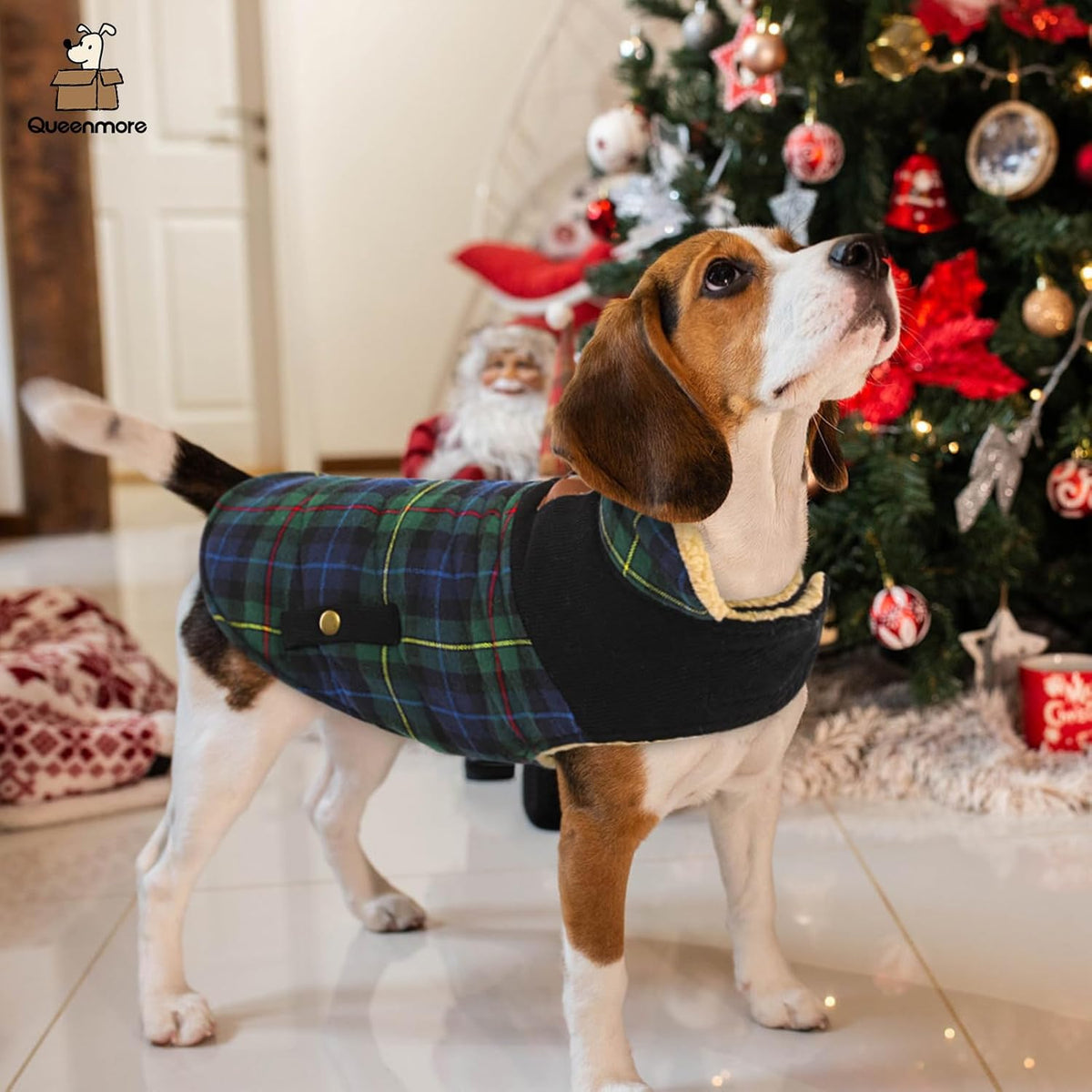 Queenmore Dog Winter Coat Warm Dog Jacket for Cold Weather, Quilting Puffer Plaid Coats for Small/Medium Dogs Waterproof,Girl/Boy Pet Christmas Coat,Pet Snowsuit with Leash Hole/Fleece Padding, L