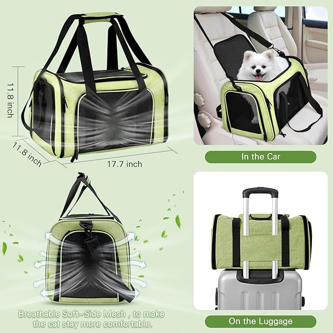 Cat Carrier Soft-Sided & Folding Travel Litter Box for Cats, Fit 20Lbs Pets, 17.7' * 11.8 * 11.8 inches Cat Bag for Traveling & Camping, Indoor & Outdoor, Cat Travel Carrier Kit - Green