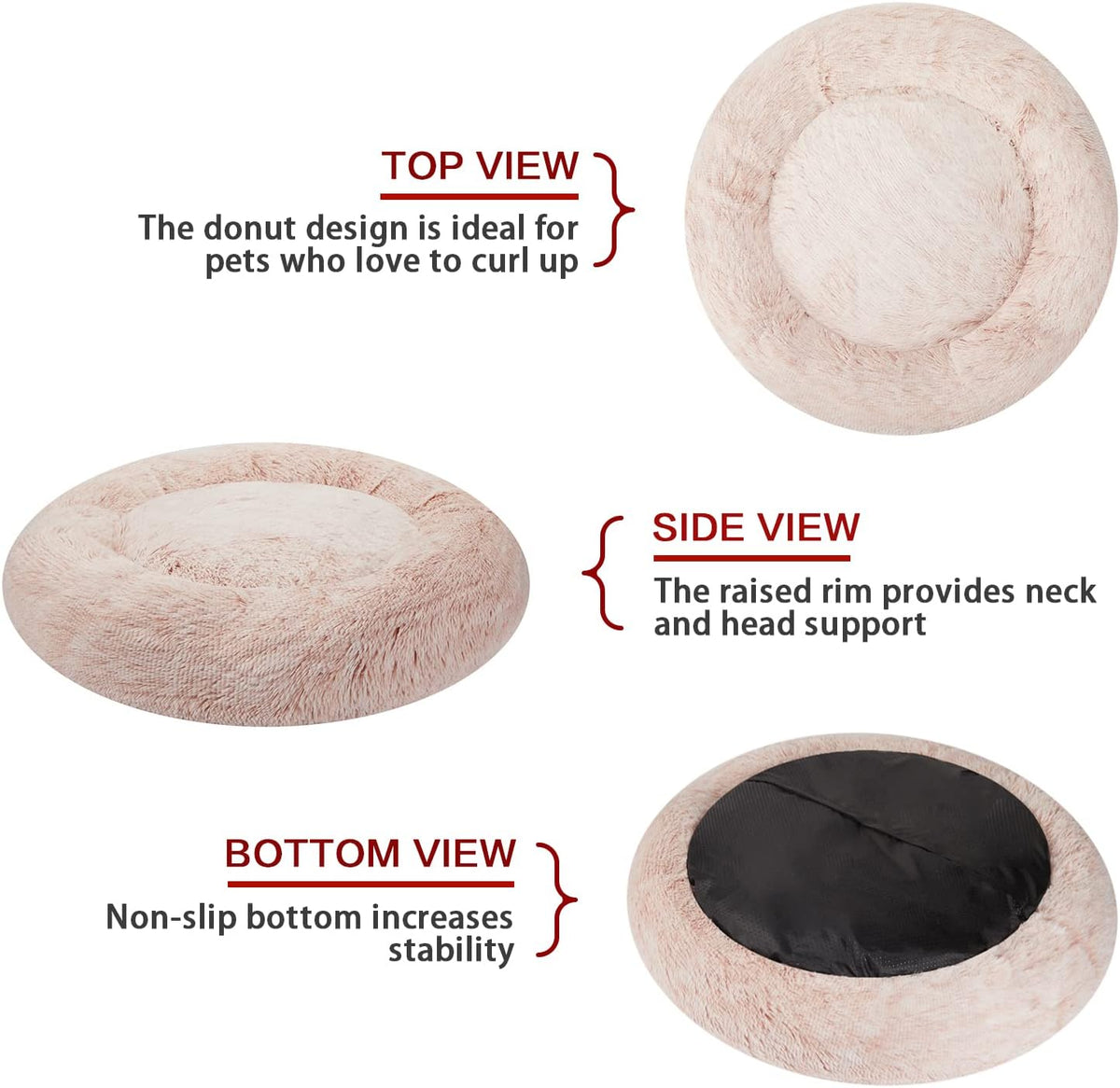 Bedfolks Calming Donut Dog Bed Cat Bed, 23 Inches Round Fluffy Dog Beds for Small Dogs, Machine Washable Anti-Anxiety Plush Puppy Bed（Pink, Small）