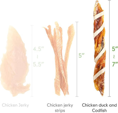 MON2SUN Dog Treats, Triple Flavor Jerky Twist Sticks, 5-7 Inch Chicken Duck and Codfish Sticks Chews for Small Dogs, Healthy Snacks, 10.58 oz (15 Count-Pack of 1)