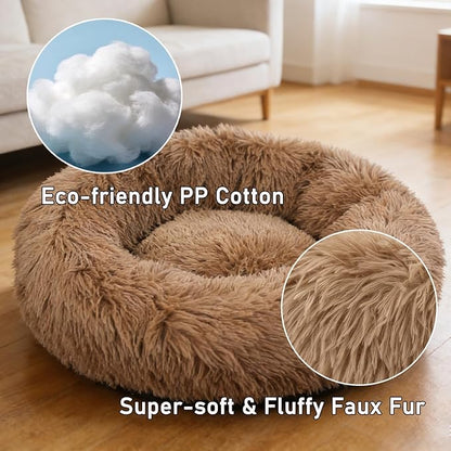Calming Donut Dog Beds for Small Dogs Cats - Washable Removable Cover Non-Slip Bottom, Round Pet Bed Puppy Bed Warming Fluffy Faux Fur Anti-Anxiety, Fits up to 25 lbs (Camel, 23")