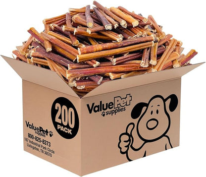 ValueBull Bully Sticks for Small Dogs, Thin 6 Inch, 200 Count Bulk Pack - All Natural Dog Treats, 100% Beef Pizzles, Single Ingredient