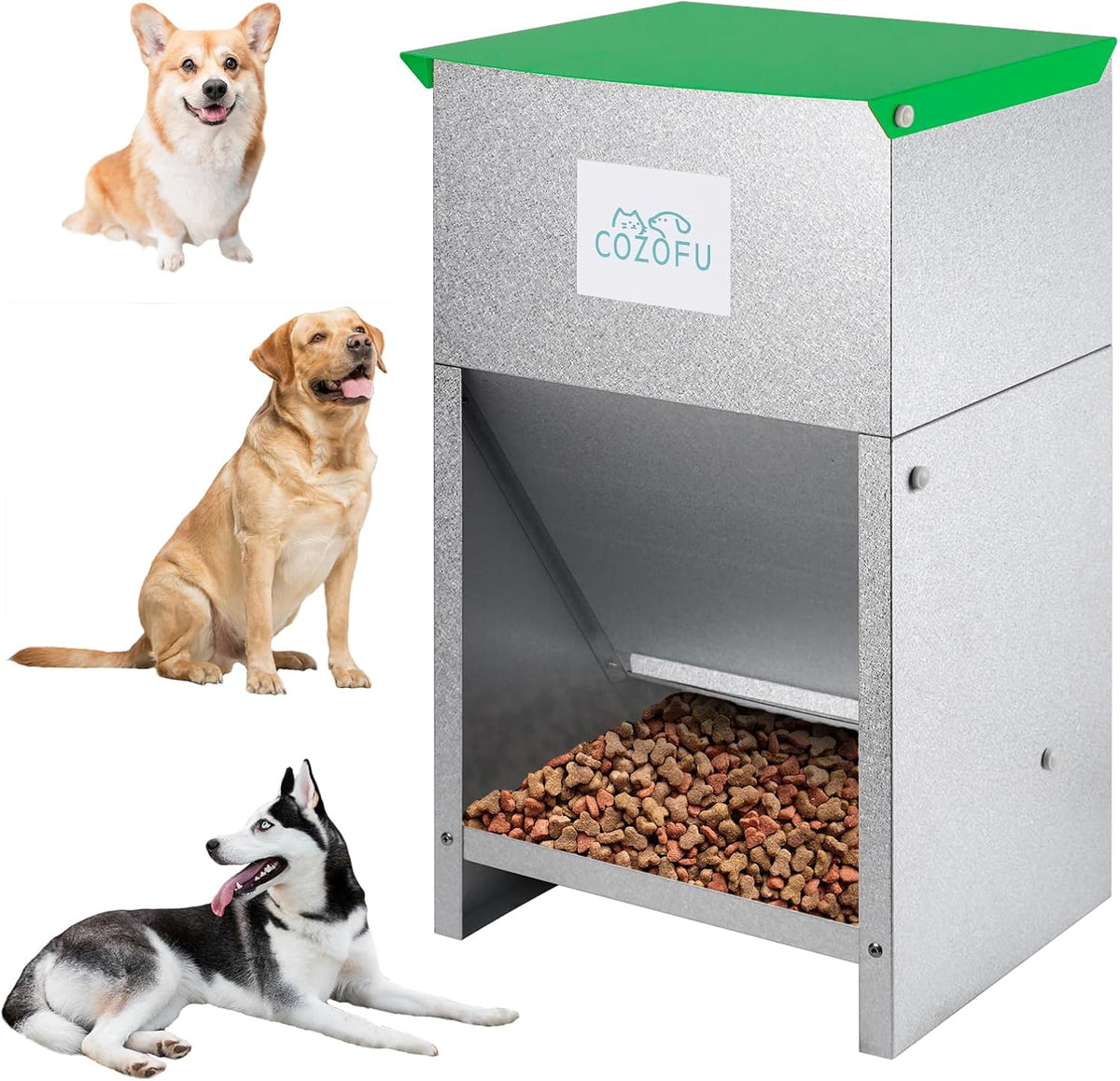 Dog Feeder - Galvanized Metal Pet Food Station for Indoor & Outdoor Use - Automatic Gravity-Fed Dispenser Suitable for Small, Medium, and Large Dog Breeds - Capacity: 25 Pounds of Dry Kibble