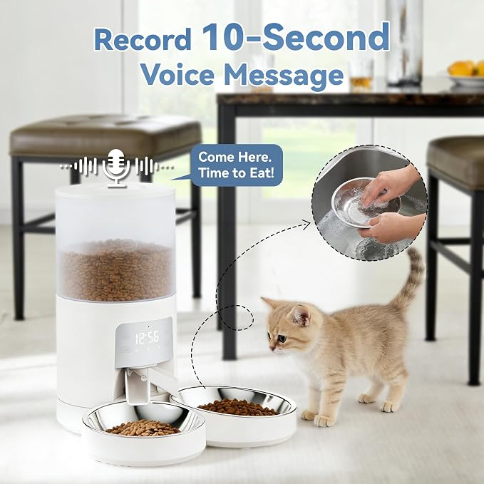DUMOS 6L Automatic Cat Feeder for 2 Cats, Timed Pet Food Dispenser - White | 2 Stainless Bowls, 10s Voice Call, Dual Power Supply, 6 Meals Per Day, 50 Portions Per Meal, Dual Pet Feeder for Cat and Dog