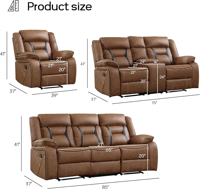 EBELLO Faux Leather Recliner Sofa Furniture Set for Living Room, Recliner Chair, Manual Loveseat, 3 Seat Recliniing Sofa Couch Set for Meeting Room, Brown