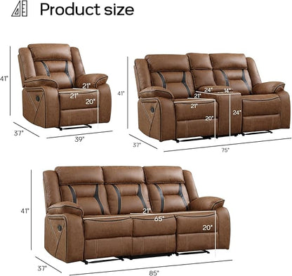 EBELLO Faux Leather Recliner Sofa Furniture Set for Living Room, Recliner Chair, Manual Loveseat, 3 Seat Recliniing Sofa Couch Set for Meeting Room, Brown