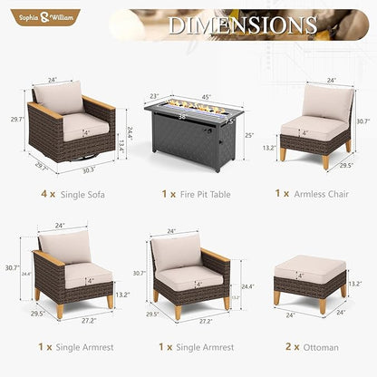 Sophia & William Patio Furniture Set with Fire Pit Table & Swivel Chairs, 10 Piece Outdoor Sectional Furniture Wicker Modular Sofa Couch, Conversation Set for Deck Backyard Lawn, Beige