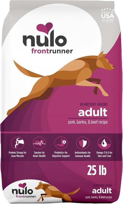 Nulo Frontrunner Ancient Grains High-Protein Dog Food, Pork, Barley, & Beef Recipe- Natural Dry Dog Food with Probiotics, Grain-Inclusive Kibble for Adult Dogs, 25 lb Bag