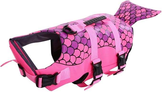 Dog Life Jacket Ripstop Shark Dog Safety Vest Adjustable Preserver with High Buoyancy and Durable Rescue Handle for Small,Medium,Large Dogs, Pink Fish XX-Large