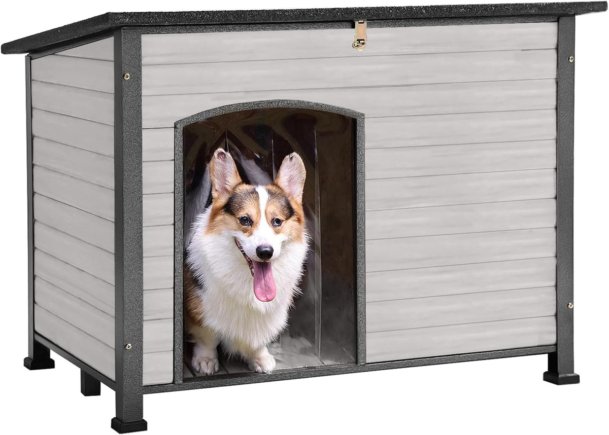 GUTINNEEN Chew Proof Dog House with Metal Iron Frame Outdoor Dog Kennel for Small Medium Large Indoor Dog Cage (43.3" L,Off-White Color)