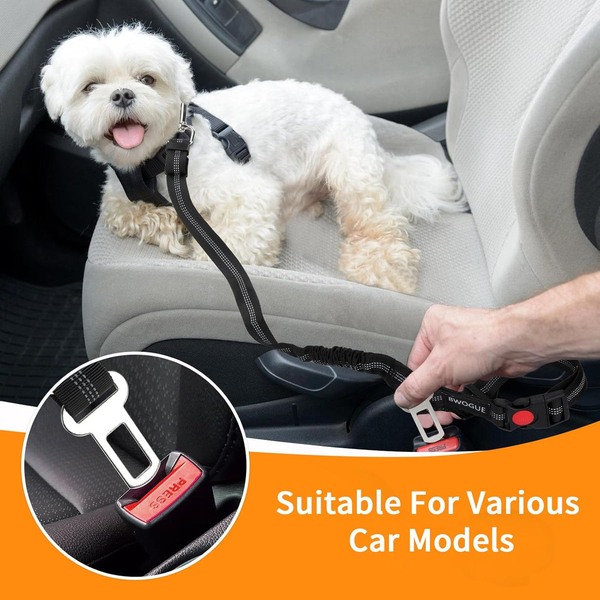 BWOGUE Pet Dog Cat Seat Belt Reflective Car Dog Headrest Restraint Leash Elastic Buffer Bungee Adjustable Tangle-Free Safety Leads Vehicle Seatbelt Harness for Small, Medium and Large Dogs (1 Pack)