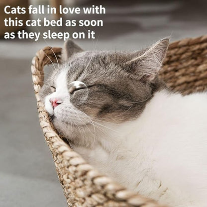 Cat Bed, Straw Woven Cat Baskets Bed, Round Wicker Cat Basket Nest, Non-Slip Cozy Kitten Bed for Cats Small Dog (with Cushion,Large)