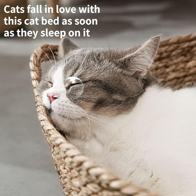 Cat Bed, Straw Woven Cat Baskets Bed, Round Wicker Cat Basket Nest, Non-Slip Cozy Kitten Bed for Cats Small Dog (with Cushion,Medium)