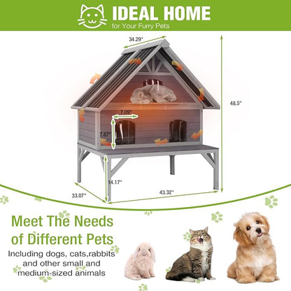 GUTINNEEN Large Outdoor Cat House 2-Story Insulated Cat House Indestructible Weatherproof Feral Cat Shelter with Openable Roof, Escape Doors for 1-6 Feral Barn Cats (Winter-Ready, 43.3"x34.3"x48.5")