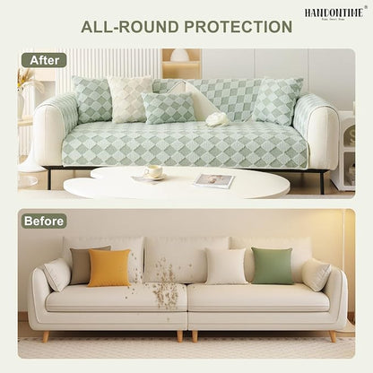 HANDONTIME Non-Slip Pet Couch Cover Washable, Plush Faux Fur Couch Protector for Cushion Pet-Friendly Sofa Covers for Dogs, Checkered Diamond Sectional Covers Dog Mat for Sofa (Green, 35.6" x 63")