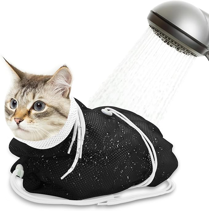Cat Bathing Bag, Breathable Mesh Cat Shower Bag Anti Scratch Adjustable Cat Grooming Bag for Nail Trimming, Bathing Polyester Soft Cat Washing Bag (White- Black)
