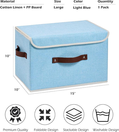 Storage Boxes with Lid Cotton Linen Fabric Storage Bins Organizer Container Decorative Collapsible Washable Shelf Baskets Faux Leather Handles for Home Bedroom Closet (Light Blue, Large)