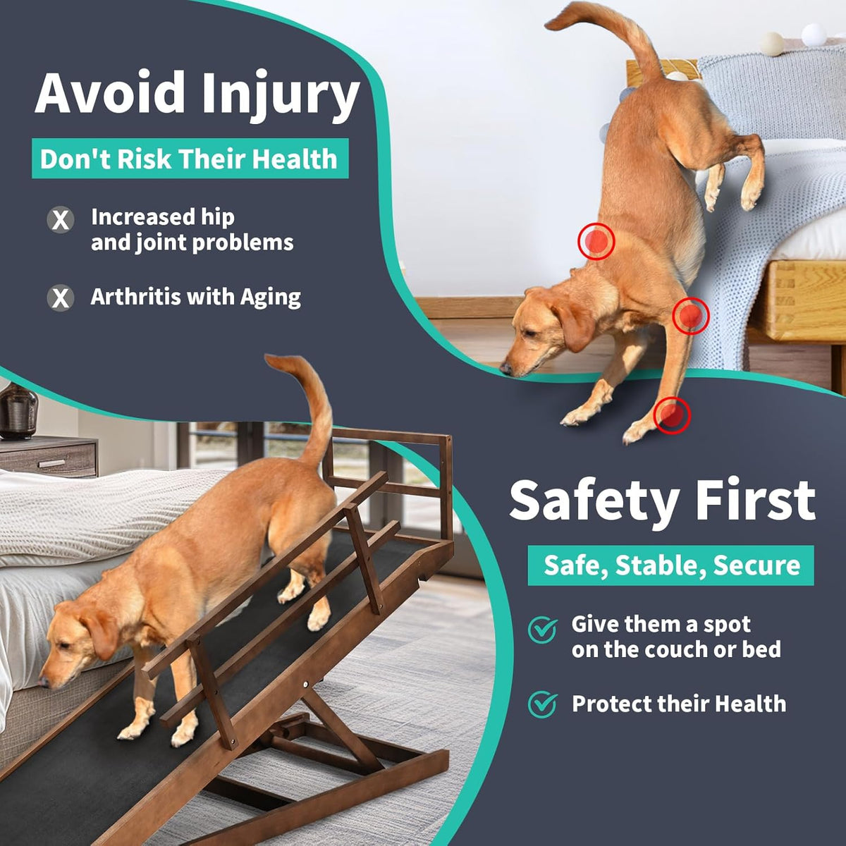 Dog Ramp, 5 Level Adjustable Height Folding Pet Ramp for High Bed, Portable Paw Ramps Large Bed Ramp for Medium & Large Old Dogs & Cats - Natural Wood Furniture Quality