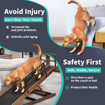 Dog Ramp, 5 Level Adjustable Height Folding Pet Ramp for High Bed, Portable Paw Ramps Large Bed Ramp for Medium & Large Old Dogs & Cats - Natural Wood Furniture Quality