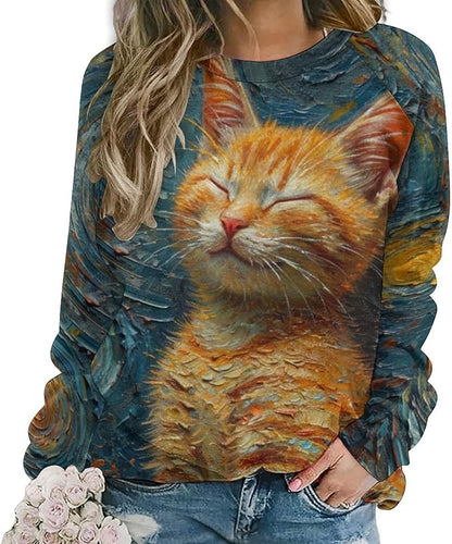 Long Sleeve Shirts for Women Cat Oil Painting Shirt 3D Graphic Sweatshirts Fall Pullover Crewneck Vintage Boho Tops