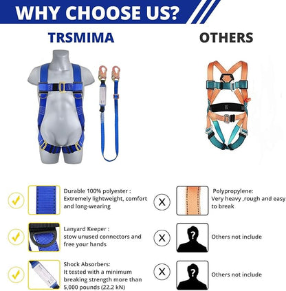 TRSMIMA Safety Harness Fall Protection - Safety Harness for Construction | Men Roofing Full Body Construction Harness Lanyard Kit Men Fall Arrest Work Tree Climbing Roofer D-ring ANSI