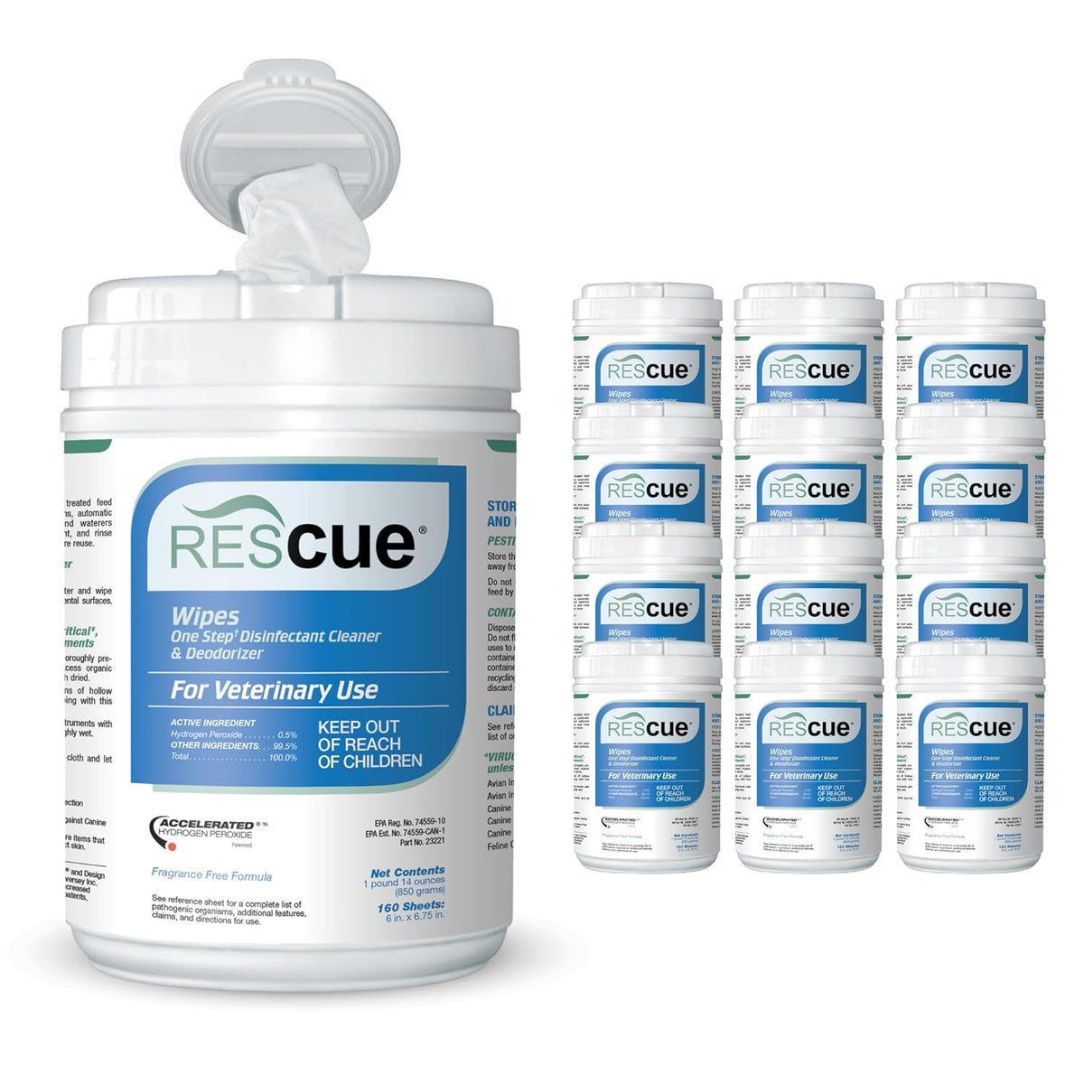 REScue One-Step Disinfectant Cleaner & Deodorizer Wipes for Vet Use – Cleaner for Kennels, Litter Boxes, Vet Offices, Pet Grooming Surfaces – Wipes Canister, 160-Count (Pack of 12)