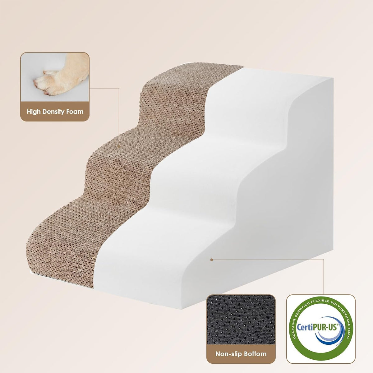 EHEYCIGA Curved Dog Stairs Ramp for Small Dogs 15.7" H, 3-Step Dog Steps for Couch Sofa and Chair, Pet Stairs for Cats, Non-Slip Balanced Pet Steps Indoor, Camel