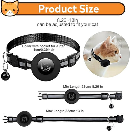 2 Pack Airtag Cat Collar with Bell, Reflective Nylon Kitten Collar with Apple Air Tag Holder and Breakaway Safety Buckle for Puppy Girl Boy Cats, 3/8" in Width and Lightweight, Black
