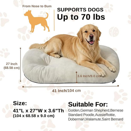 Washable Oval Dog Bed forX-Large Dogs,Silver-Tipped High-Resilience,Beige | Non-Slip Bottom Prevents Sliding, Soft Plush Short Fur, Machine Washable, Ideal for Crates/Apartments/Cozy Nooks,41"x27"x3.6"