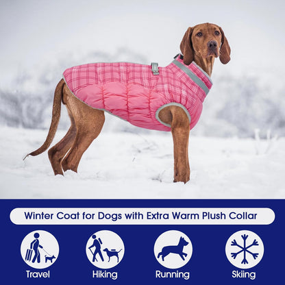 FUAMEY Dog Coat for Large Dogs,Waterproof Dog Winter Jacket with Harness Built in Puppy Cold Weather Coats Reflective Pet Vest with Zipper Warm Fleece Dogs Snowsuit Windproof Rose Plaid XL