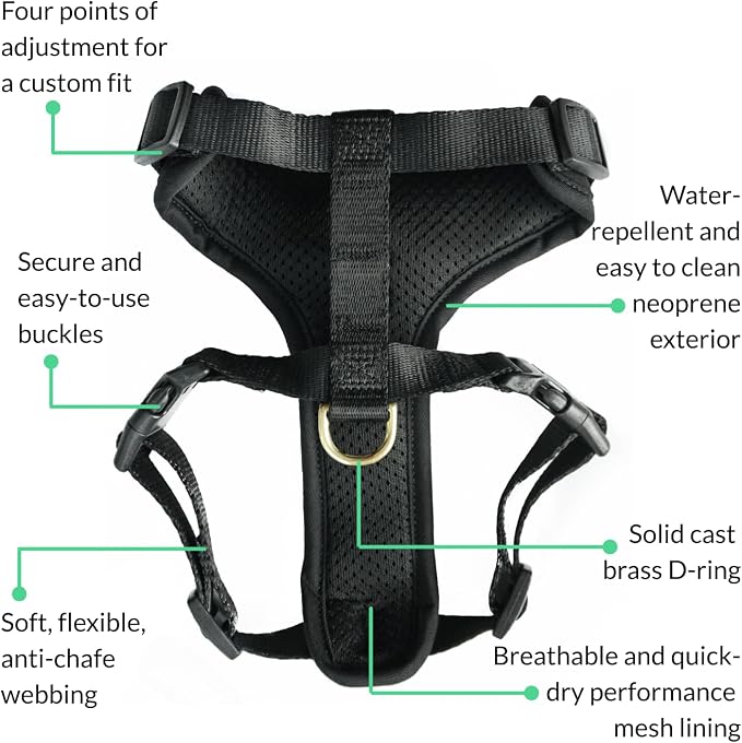 Adventure Dog Harness - Stylish and Comfortable Large Dog Harness for Outdoor Adventures and Everyday Wear - Black Neoprene Adjustable Harness for Dogs with Reflective Piping and Brass D-Ring