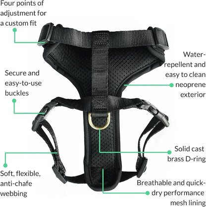 Adventure Dog Harness - Stylish and Comfortable Large Dog Harness for Outdoor Adventures and Everyday Wear - Black Neoprene Adjustable Harness for Dogs with Reflective Piping and Brass D-Ring