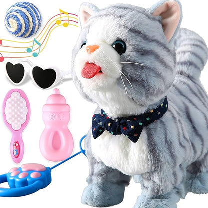 Gray Leash Walking Cat Set Toy Interactive Talking Cat Singing Dancing Kitten Mimicking Repeat What You Say Kitty Touch and Voice Control Nodding Wagging Tail Plush Electric Robot for Kid Girl