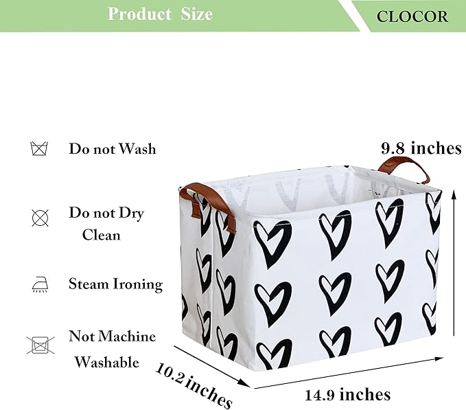CLOCOR Heart Rectangular Basket, Cute Pattern Storage Bin, Collapsible Waterproof Storage Box with Handles for Kids, Gift Baskets, Shelf Basket (Black Hearts)