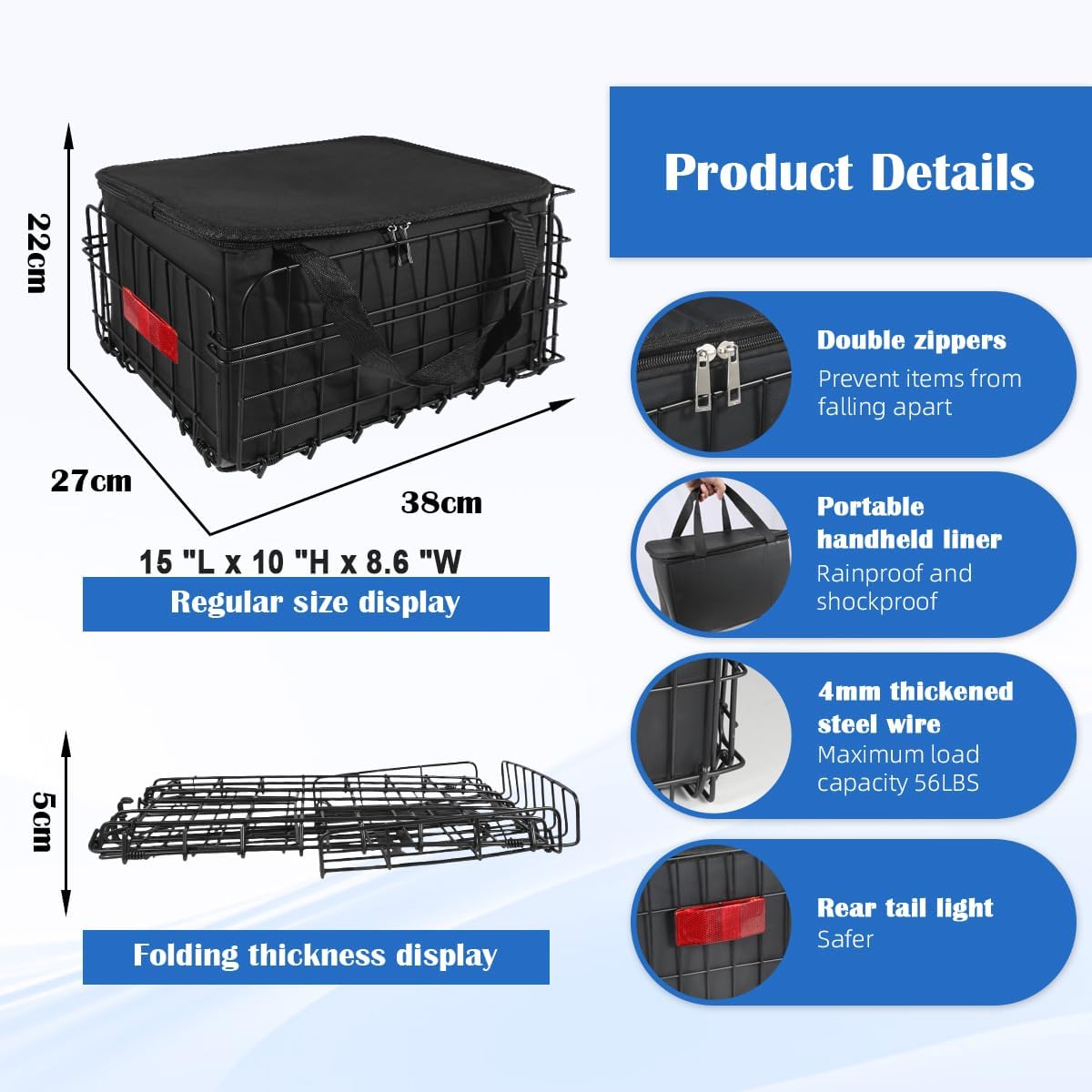 Bike Basket Rear, Folding Bicycle Basket with Removable Waterproof Liner Bag, Rear Bike Cargo Rack, Bike Accessories Frame Basket for Adult Women Men Carrying Dogs,Pet,Grocery,Quick Release Design