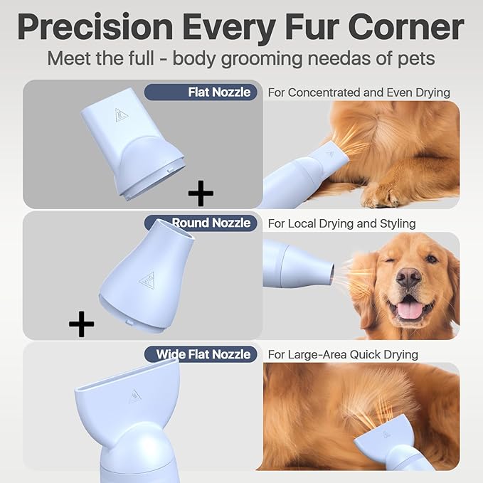 Dog Blow Dryer for Pet Grooming Handheld Lightweight Dog Cat Hair Dryer 3 Speeds 4 Temp, Portable 3HP High Velocity Pet Blower Quiet Dryer for Travel Campaign Home, with 3 Nozzles, Blue