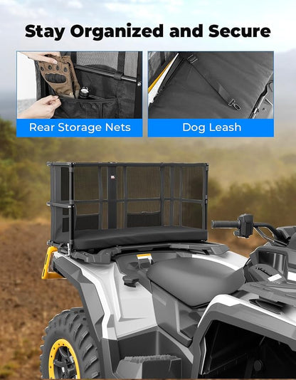 KEMIMOTO ATV Dog Carrier Seat, Heavy-Duty Four Wheeler Pet Seat | Wide 22-40mm Pipe Fit, 2.7" Breathable Comfort, 600D Wear & Water Resistance, Storage Pockets, with Dog Leash
