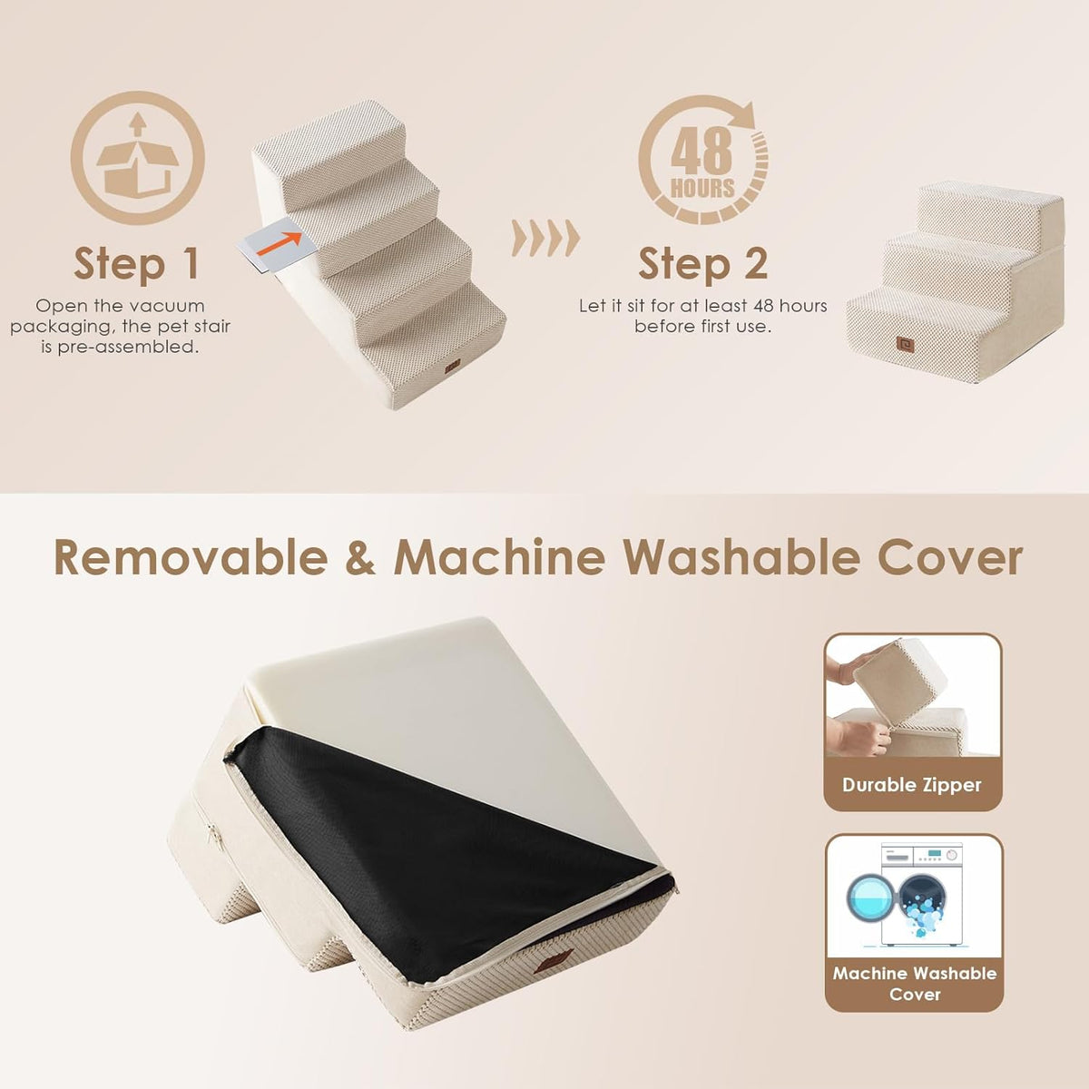 EHEYCIGA Dog Stairs for Small Dogs 13.5" H, 3-Step Dog Steps for Couch Sofa and Chair, Pet Steps for Medium Cats, Non-Slip Balanced Pet Ramp Indoor, Beige