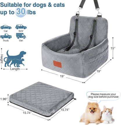 Dog Car Seat for Small Dogs Under 30lbs,Comfy & Safe Travel Bed with Washable Cover,2 Clip-On Safety Leashes and Pockets,Anti-Slip Base,Easy to Install(Grey)